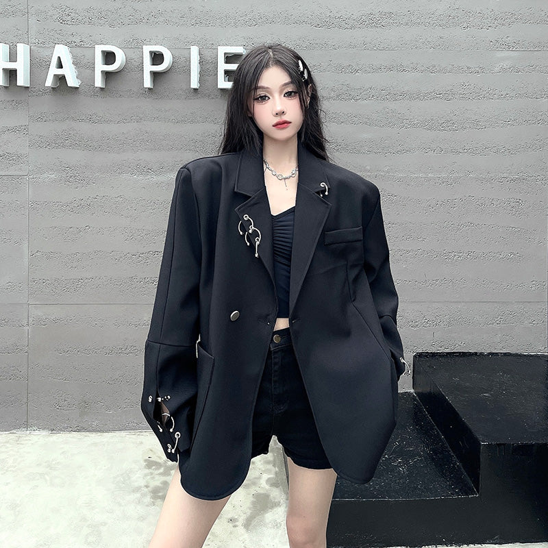 SONNEESD Streetwear Oversize Fashion Neutral Personality Design Coat Harajuku Style Vintage Loose Black Stereo Cutting Suit Coat