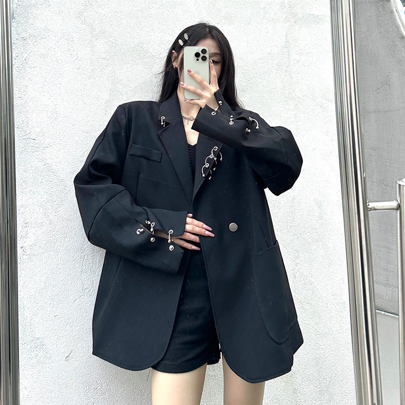 SONNEESD Streetwear Oversize Fashion Neutral Personality Design Coat Harajuku Style Vintage Loose Black Stereo Cutting Suit Coat