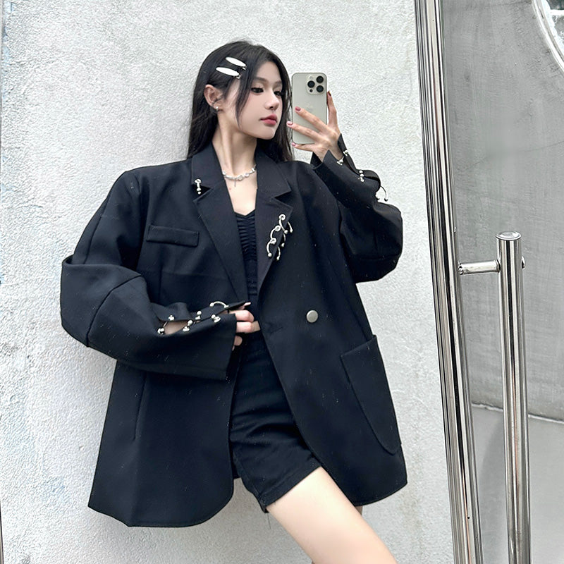 SONNEESD Streetwear Oversize Fashion Neutral Personality Design Coat Harajuku Style Vintage Loose Black Stereo Cutting Suit Coat