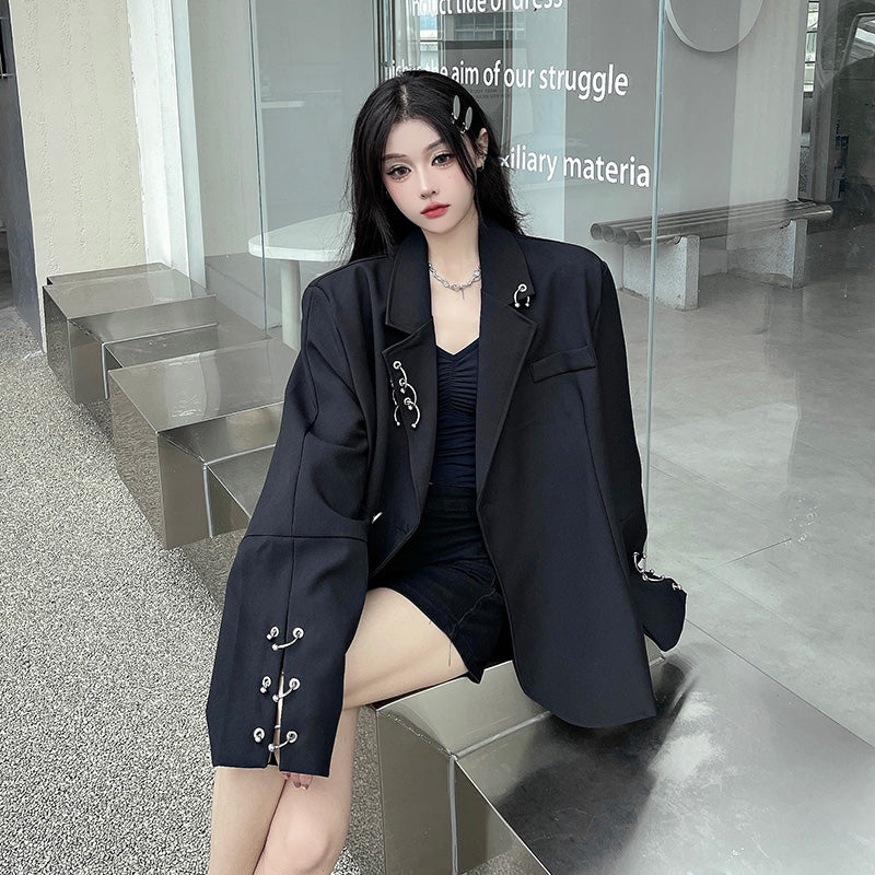 SONNEESD Streetwear Oversize Fashion Neutral Personality Design Coat Harajuku Style Vintage Loose Black Stereo Cutting Suit Coat