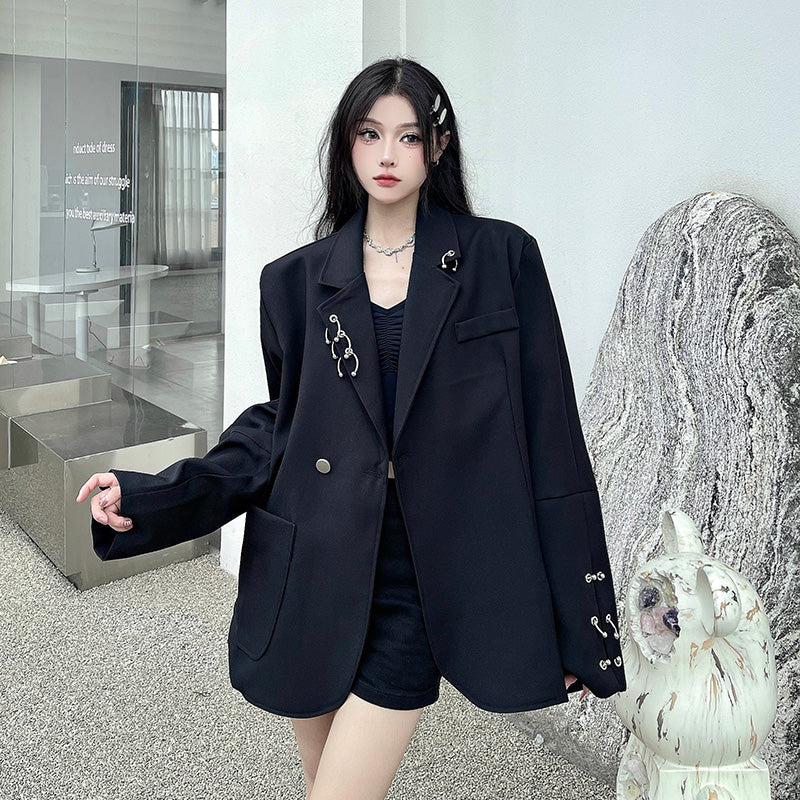 SONNEESD Streetwear Oversize Fashion Neutral Personality Design Coat Harajuku Style Vintage Loose Black Stereo Cutting Suit Coat