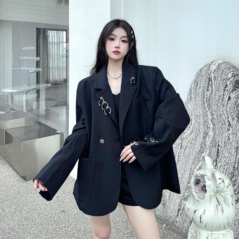 SONNEESD Streetwear Oversize Fashion Neutral Personality Design Coat Harajuku Style Vintage Loose Black Stereo Cutting Suit Coat