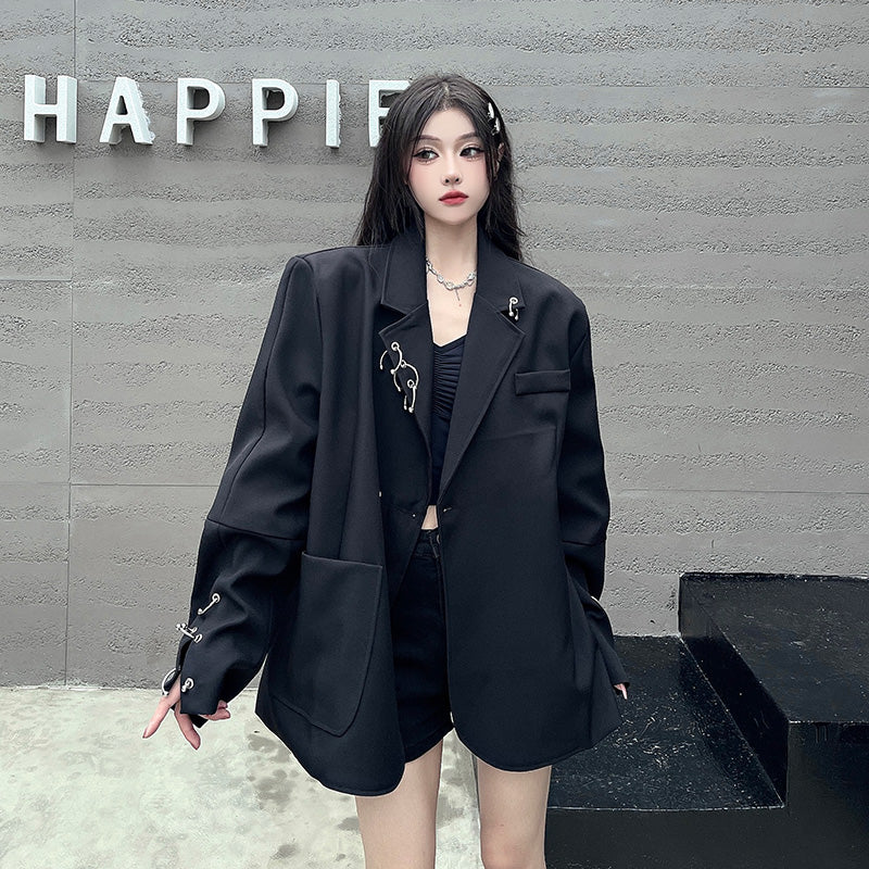 SONNEESD Streetwear Oversize Fashion Neutral Personality Design Coat Harajuku Style Vintage Loose Black Stereo Cutting Suit Coat