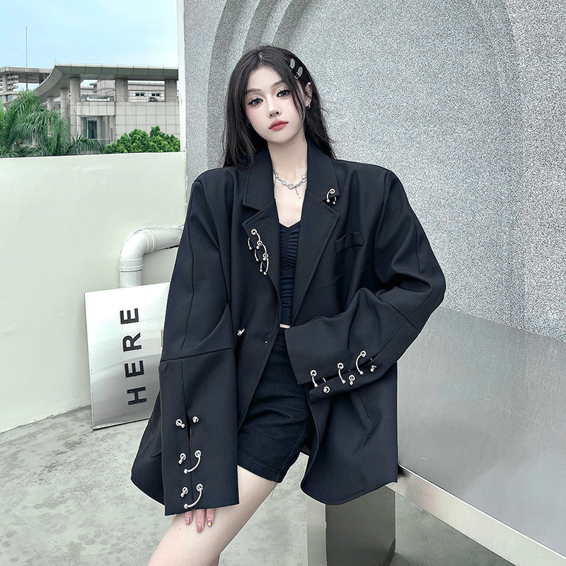 SONNEESD Streetwear Oversize Fashion Neutral Personality Design Coat Harajuku Style Vintage Loose Black Stereo Cutting Suit Coat