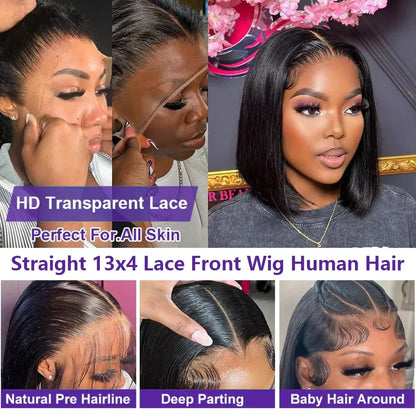 MELODIE 14 16 Inch Bob Wig 13x6 Frontal Straight Lace Natural 100% Human Hair Wigs 13x4 HD Transparent Lace Front Wig For Women