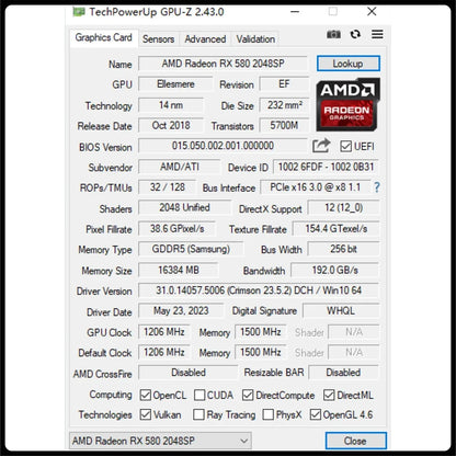 USED Kinology AMD RX 580 8G 16GB 2048SP Gaming Graphics Card GDDR5 256Bit PCI Express 3.0 ×16 Radeon GPU RX580 Series