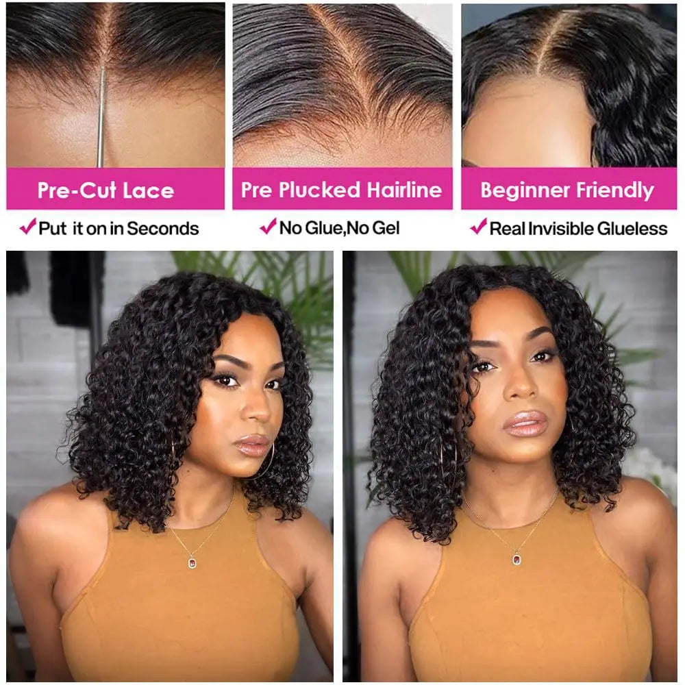 Deep Wave Short Bob Wigs 100% Brazilian Virgin Human Hair 13x4 HD Lace Frontal Wigs Pre Plucked Natural 4x4 Closure 200% Density