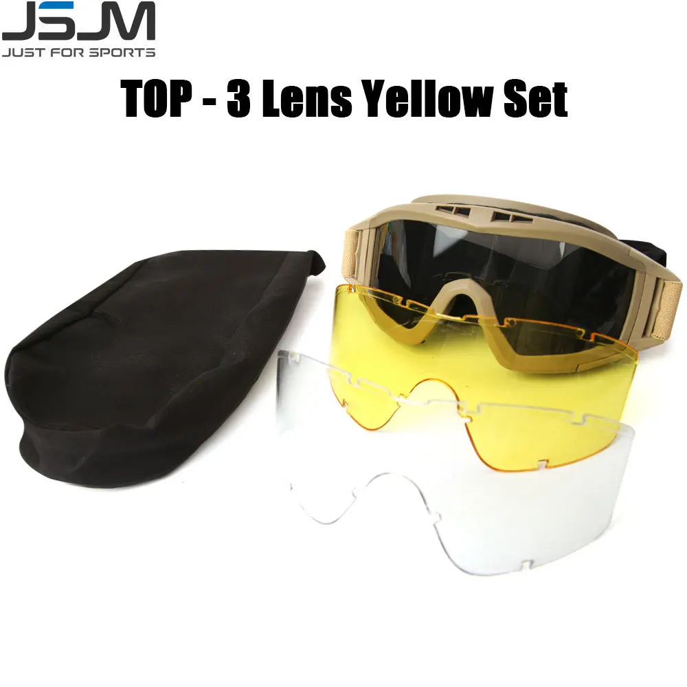 JSJM Military Tactical Goggles CS Airsoft Windproof Shooting Glasses HD 3 Lens Motocross Motorcycle Mountaineering Safe Glasses