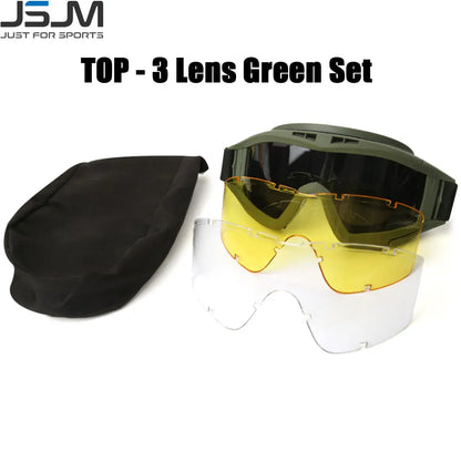 JSJM Military Tactical Goggles CS Airsoft Windproof Shooting Glasses HD 3 Lens Motocross Motorcycle Mountaineering Safe Glasses