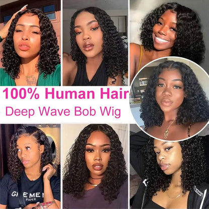 Deep Wave Short Bob Wigs 100% Brazilian Virgin Human Hair 13x4 HD Lace Frontal Wigs Pre Plucked Natural 4x4 Closure 200% Density