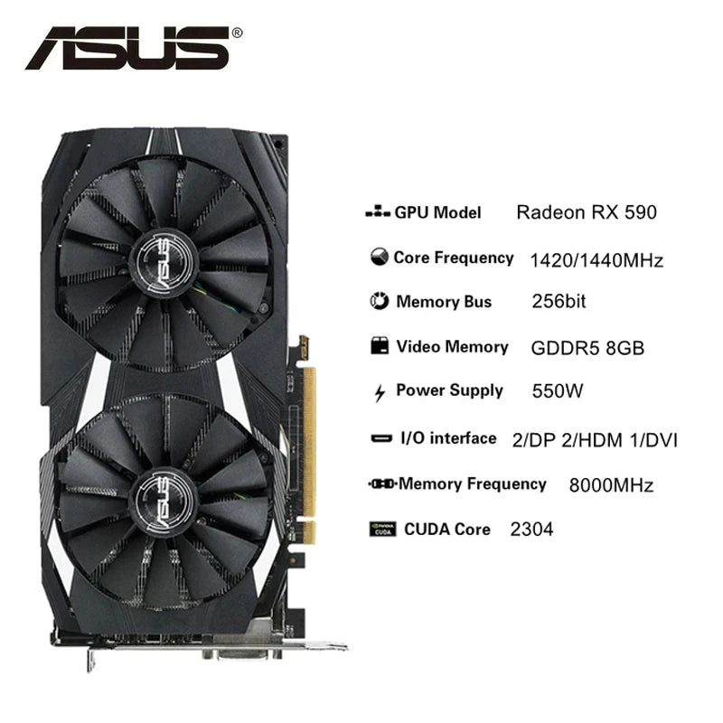 2024 Used ASUS Graphics Cards AMD RX 590 8GB GDDR5 Mining GPU Video Card 256Bit Computer RX590