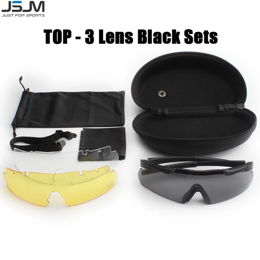 JSJM Military Tactical Goggles CS Airsoft Windproof Shooting Glasses HD 3 Lens Motocross Motorcycle Mountaineering Safe Glasses