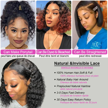 Brazilian Deep Wave Bob Wig 13x4 Lace Frontal Wig Human Hair Natural Hairline Short Curly Side Part Lace Wig Preplucked Remy Hai