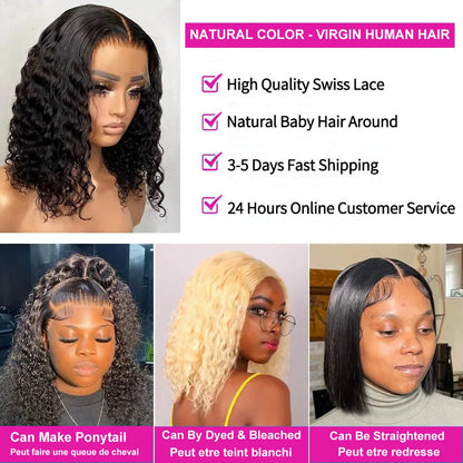 Deep Wave Short Bob Wigs 100% Brazilian Virgin Human Hair 13x4 HD Lace Frontal Wigs Pre Plucked Natural 4x4 Closure 200% Density