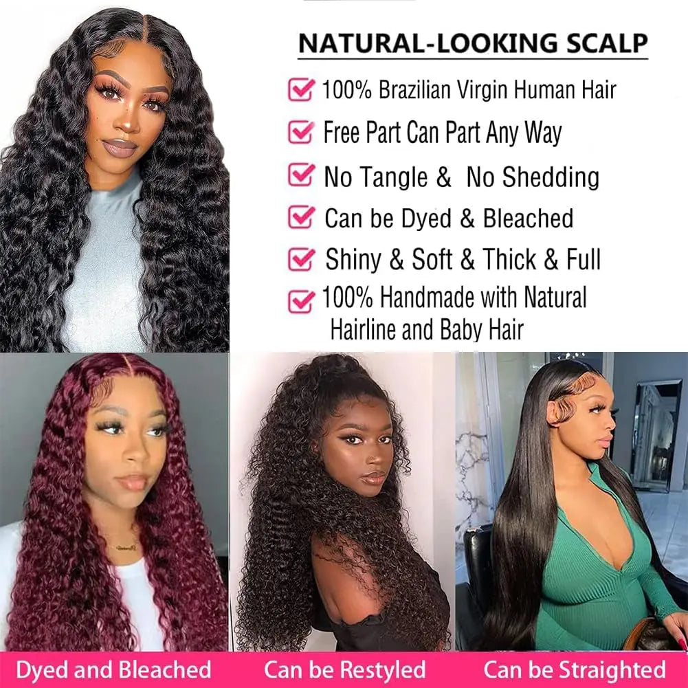 13x4 Deep Wave Lace Front Wigs Human Hair Pre Plucked 200% Density 14-32Inch Lace Frontal Human hair Wigs Natural Color Hairline