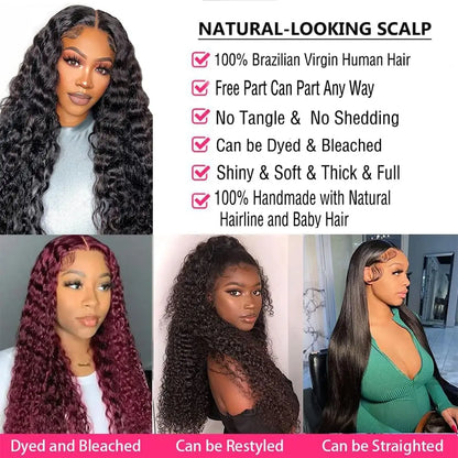 13x4 Deep Wave Lace Front Wigs Human Hair Pre Plucked 200% Density 14-32Inch Lace Frontal Human hair Wigs Natural Color Hairline