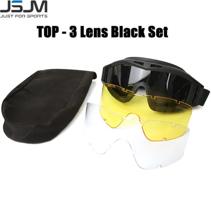 JSJM Military Tactical Goggles CS Airsoft Windproof Shooting Glasses HD 3 Lens Motocross Motorcycle Mountaineering Safe Glasses