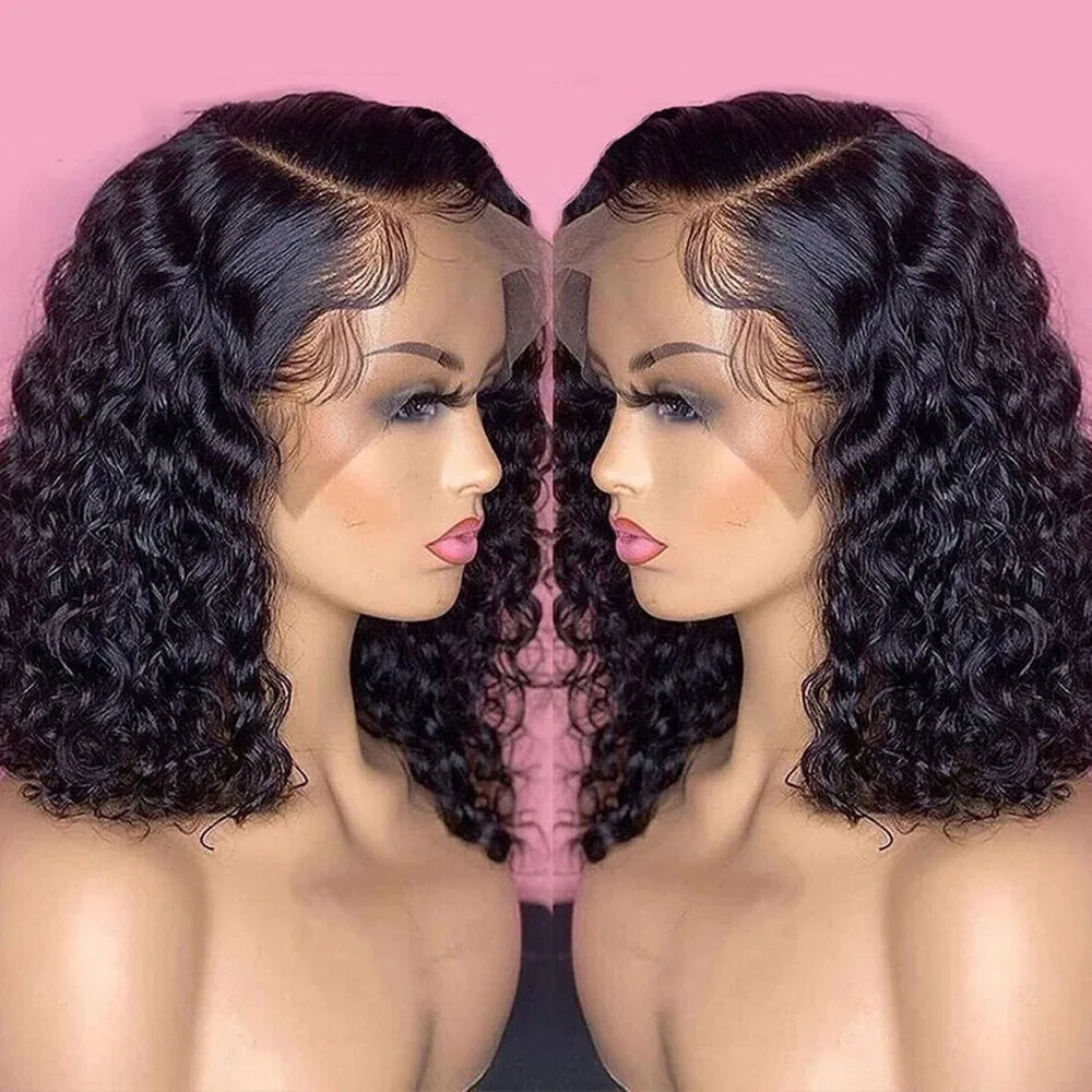 Brazilian Deep Wave Bob Wig 13x4 Lace Frontal Wig Human Hair Natural Hairline Short Curly Side Part Lace Wig Preplucked Remy Hai