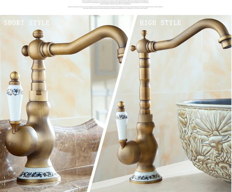 Antique Brass Ceramic Handle Basin Faucet Antique Rotatble Bathroom Faucet  Kitchen Faucet  Hot Cold Mixer Crane Kitchen Faucet