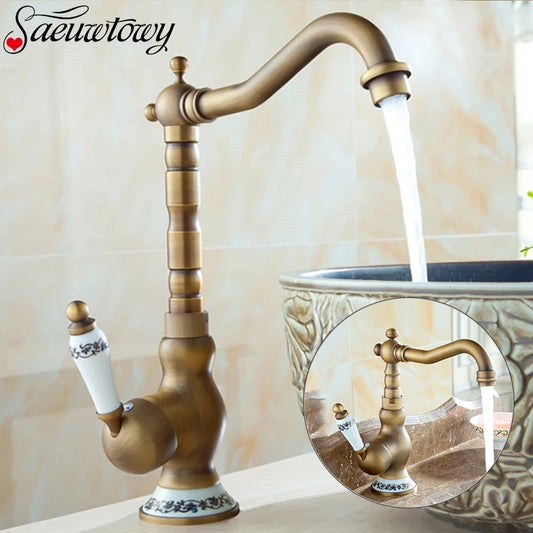 Antique Brass Ceramic Handle Basin Faucet Antique Rotatble Bathroom Faucet  Kitchen Faucet  Hot Cold Mixer Crane Kitchen Faucet