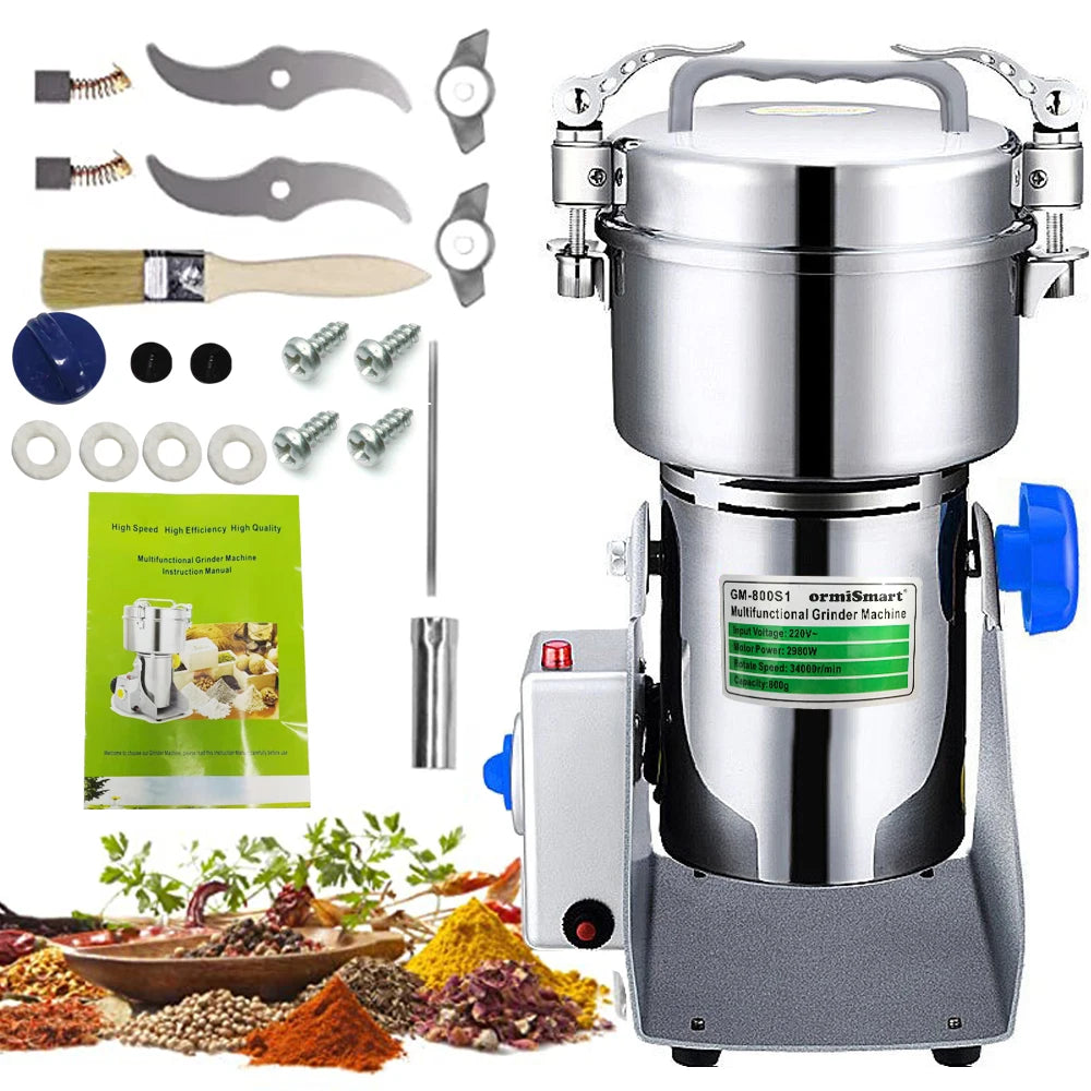 800G Herb Grinder Coffee Machine Grain Spices Mill Medicine Wheat Mixer Dry Food Grinder Big Capacity Stainless Steel