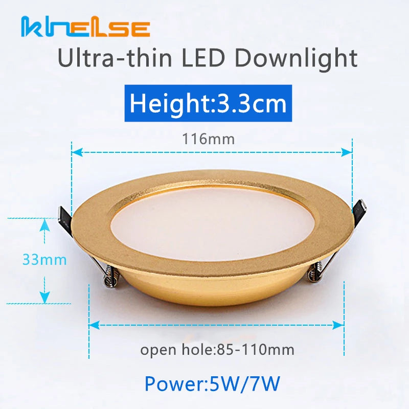 Ultra-thin LED Ceiling Downlight Gold Recessed 5W/7W Luxury Bathroom Bedroom Living Room Shop Home Spot Lighting Fixtures AC220V