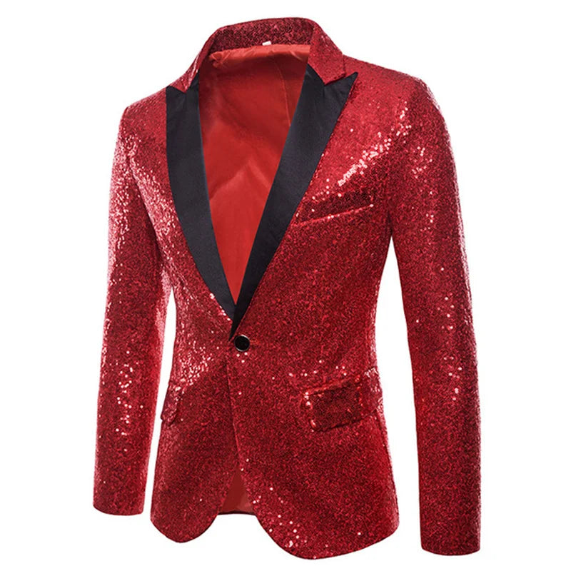 Black Sequin One Button Shawl Collar Suit Jacket Men Bling Glitter Nightclub Prom DJ Blazer Jacket Men Stage Clothes for Singers