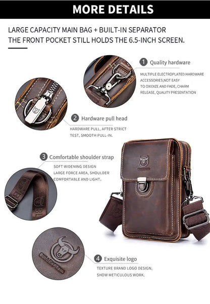 BULLCAPTAIN Crazy horse leather Male Waist Packs Phone Pouch Bags Waist Bag Men's Small chest Shoulder Belt Bag small back pack