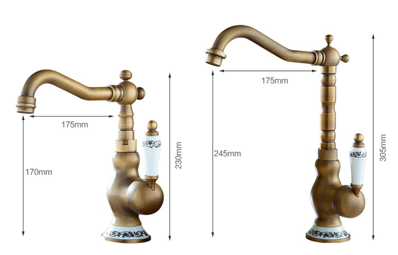 Antique Brass Ceramic Handle Basin Faucet Antique Rotatble Bathroom Faucet  Kitchen Faucet  Hot Cold Mixer Crane Kitchen Faucet