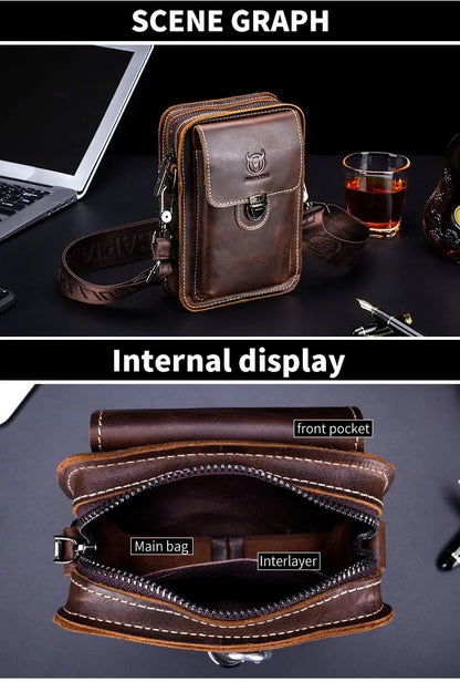 BULLCAPTAIN Crazy horse leather Male Waist Packs Phone Pouch Bags Waist Bag Men's Small chest Shoulder Belt Bag small back pack