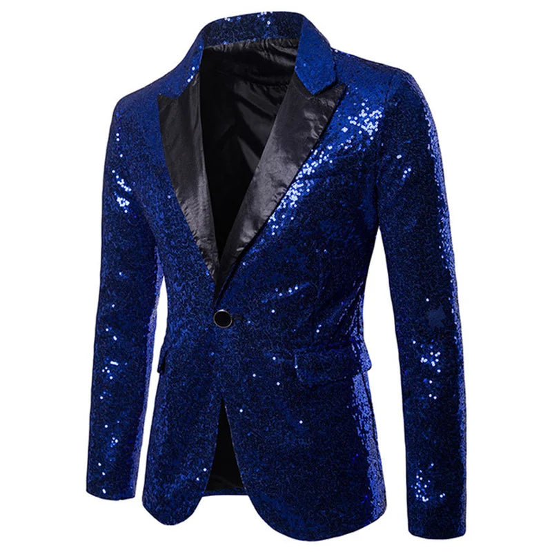 Black Sequin One Button Shawl Collar Suit Jacket Men Bling Glitter Nightclub Prom DJ Blazer Jacket Men Stage Clothes for Singers