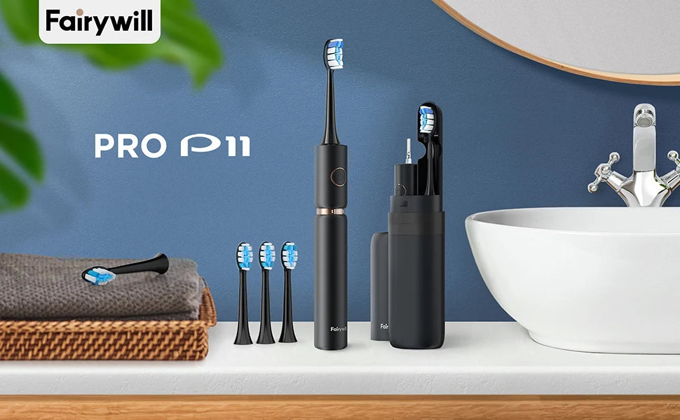 Fairywill P11 Sonic Whitening Electric Toothbrush Rechargeable USB Charger Ultra Powerful Waterproof 4 Heads and 1 Travel Case