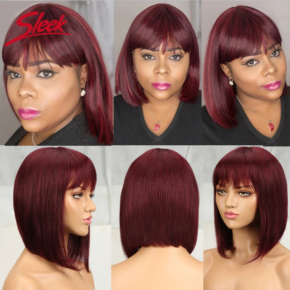 Nature Black Straight Bob Wigs With Bang Sleek Brazilian Short Hair Bob Wigs For Black Women Red 99J Glueless Machine Made Cheap