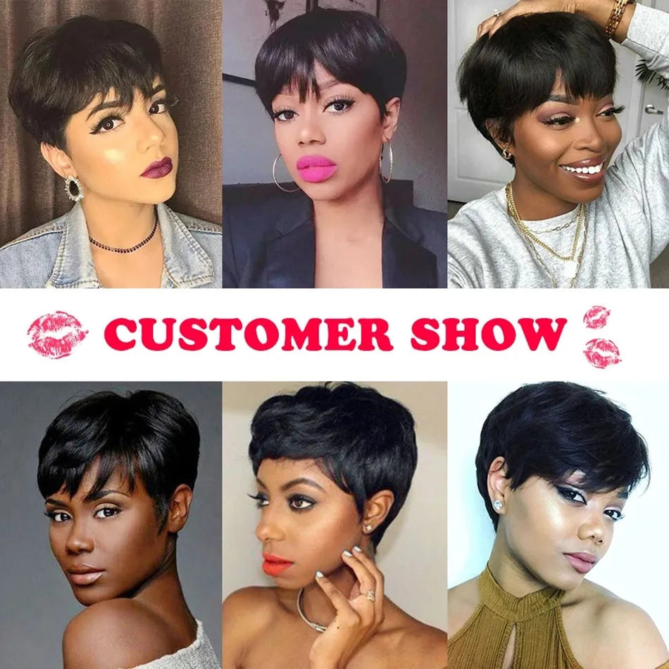 Pixie Cut Wigs For Women Human Hair Short Bob Wig With Bangs Layered Pixie Cut Wig 9A Brazilian Human Hair Full Machine Made Wig