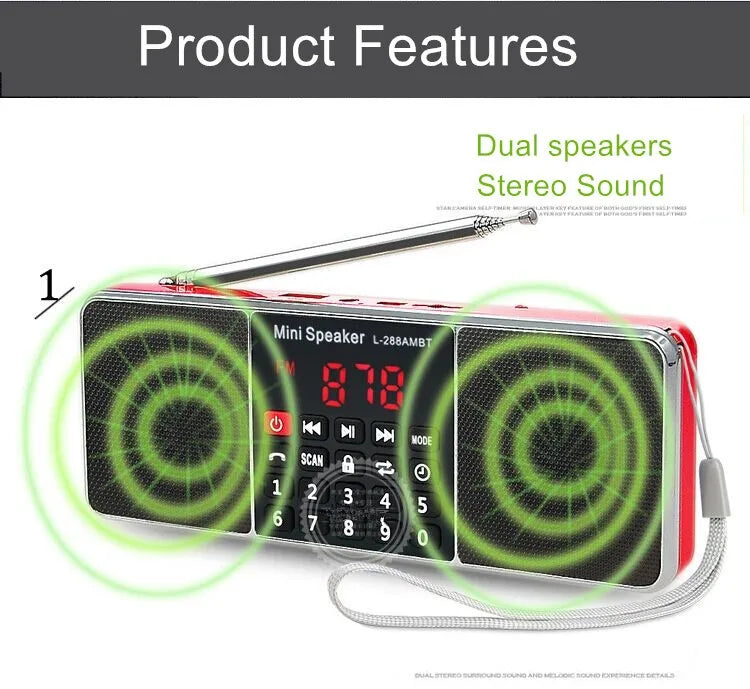 EONKO L-288AMBT Super Bass Stereo Bluetooth AM FM Radio TF USB AUX Handsfree Lock Button