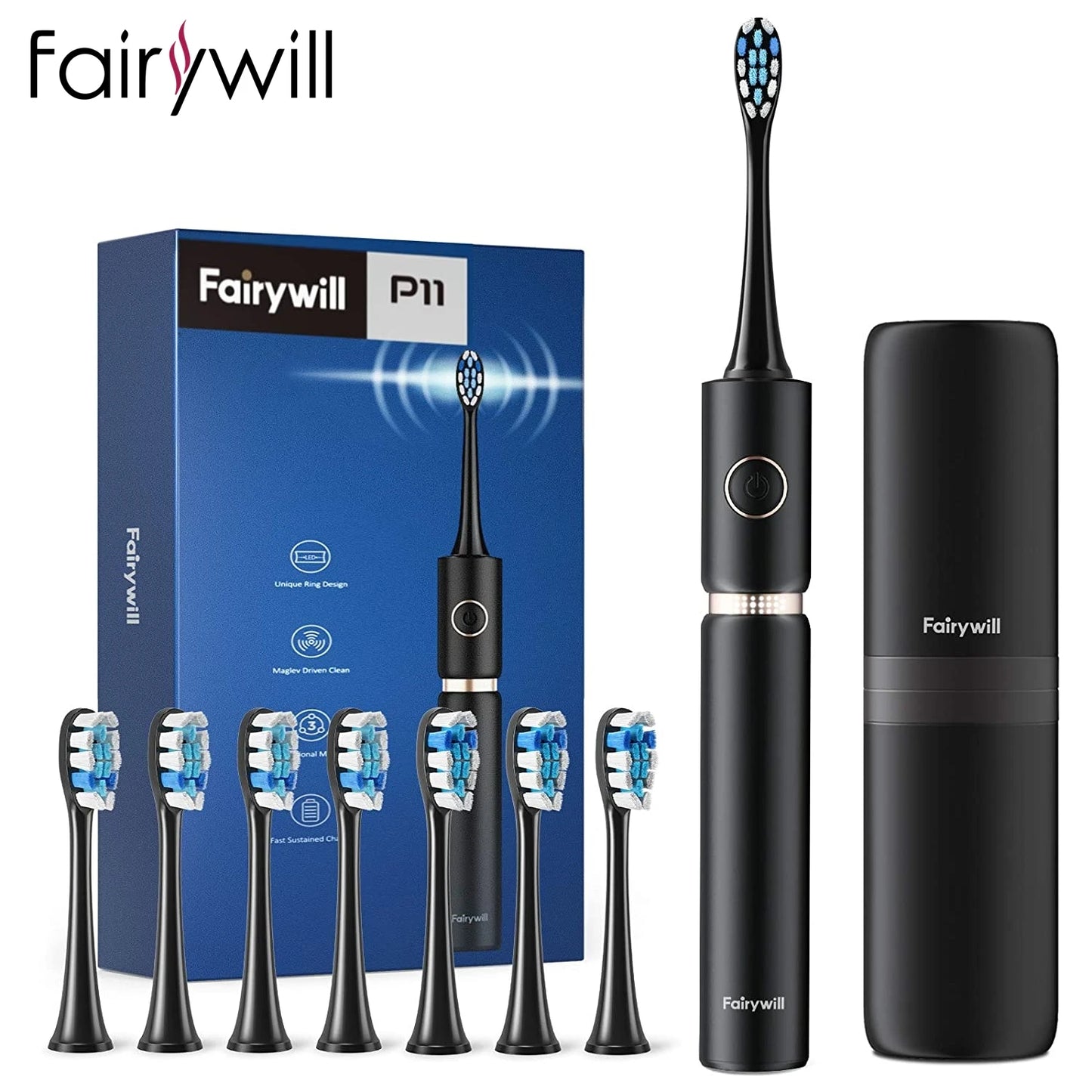 Fairywill P11 Sonic Whitening Electric Toothbrush Rechargeable USB Charger Ultra Powerful Waterproof 4 Heads and 1 Travel Case