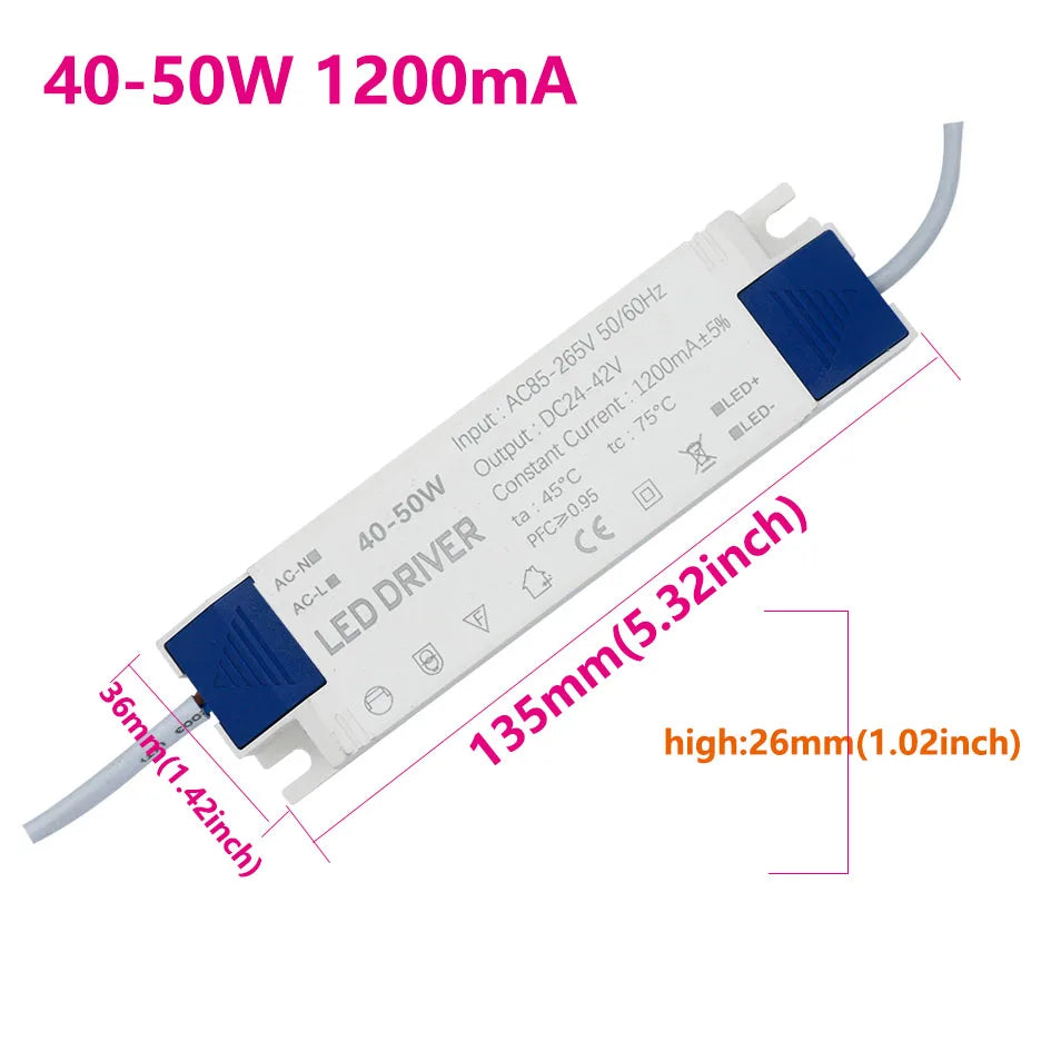 LED Driver With shell Super power 40W 50W 1200mA and 1500mA Power Supply Built-in Constant Current Lighting 85-265V Transforme