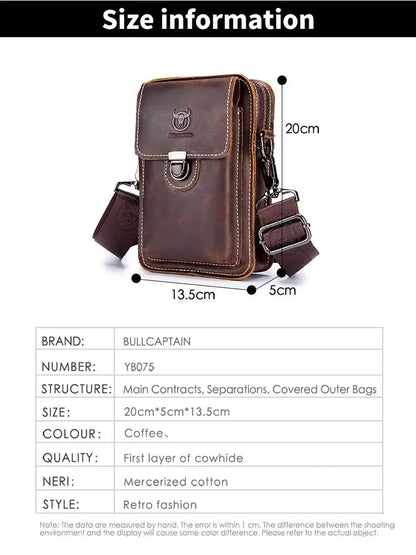 BULLCAPTAIN Crazy horse leather Male Waist Packs Phone Pouch Bags Waist Bag Men's Small chest Shoulder Belt Bag small back pack