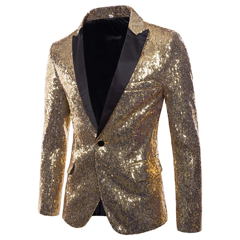 Black Sequin One Button Shawl Collar Suit Jacket Men Bling Glitter Nightclub Prom DJ Blazer Jacket Men Stage Clothes for Singers