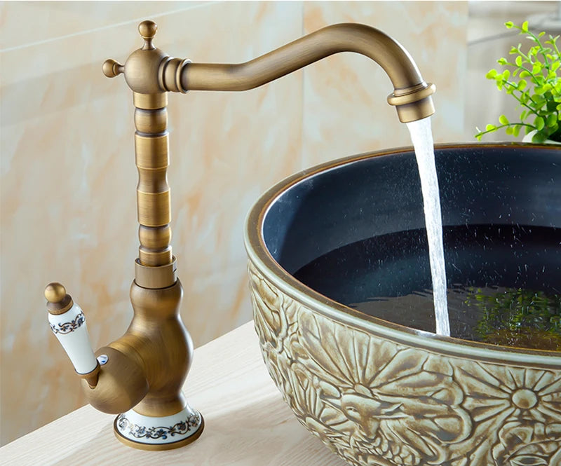 Antique Brass Ceramic Handle Basin Faucet Antique Rotatble Bathroom Faucet  Kitchen Faucet  Hot Cold Mixer Crane Kitchen Faucet