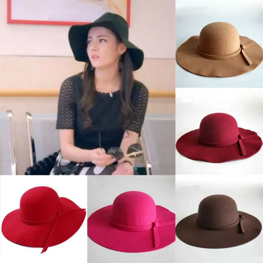 Wide Large Brim Wool Felt Cap Summer Beach Women GIrl Lady Travel Floppy Beach Sun Hat Foldable Black Red Camel