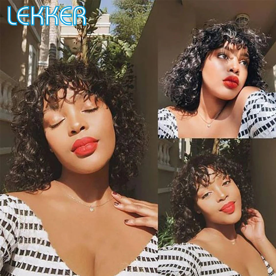 Lekker Colored Short Pixie Afro Kinky Curly Bob 100% Human Hair Wigs With Bangs For Women Brazilian Remy Hair Ombre Brown Wigs