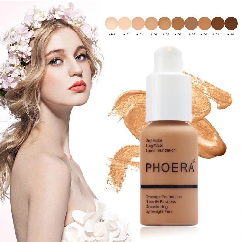 PHOERA Face Foundation Cream Oil Control Brighten Waterproof Concealer Facial Matte Base Make Up Liquid Foundation MakeupTSLM1