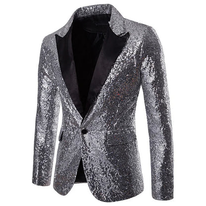 Black Sequin One Button Shawl Collar Suit Jacket Men Bling Glitter Nightclub Prom DJ Blazer Jacket Men Stage Clothes for Singers