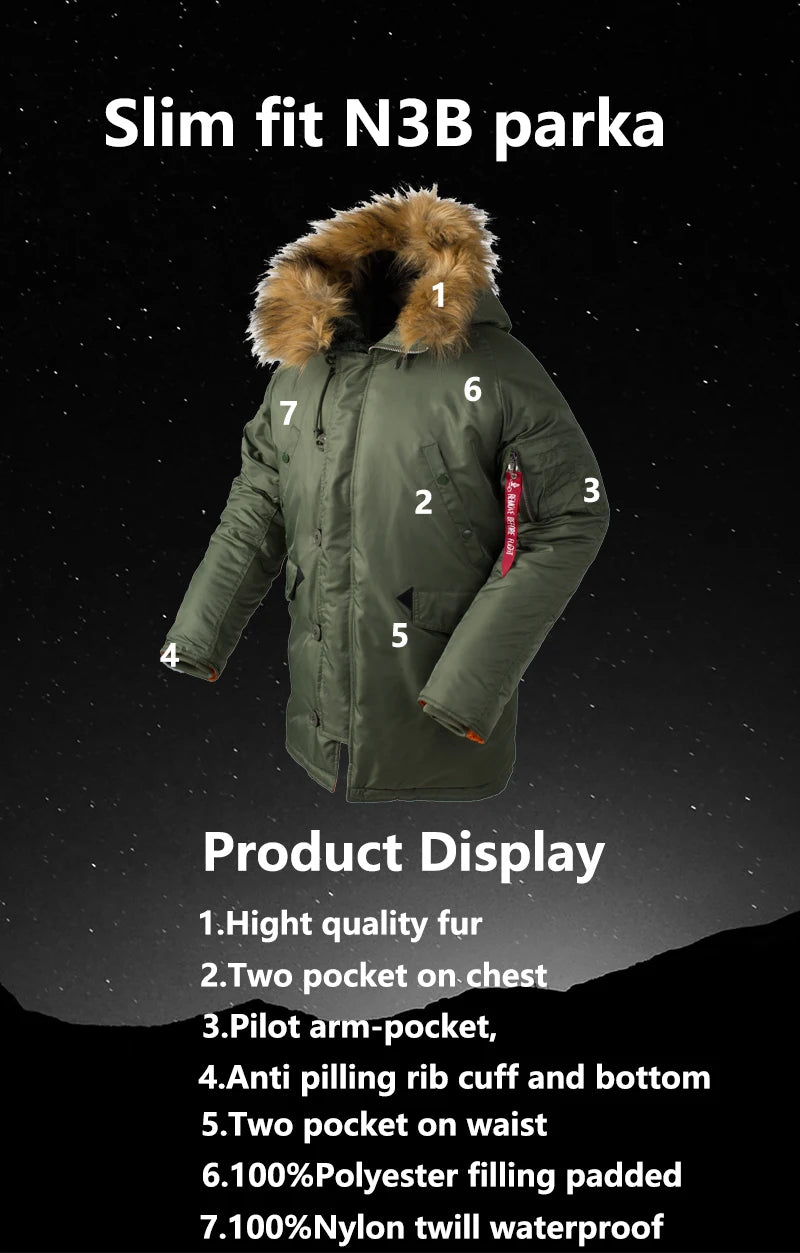 2023 Winter N3B puffer men long Куртка аляска coat military fur hood warm tactical bomber army korean thick parka