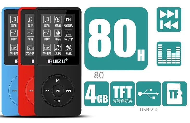 100% Original RUIZU X02  MP3 Player  With 1.8 Inch Screen Can Play 100 hours, 8gb With FM,E-Book,Clock,Data music player