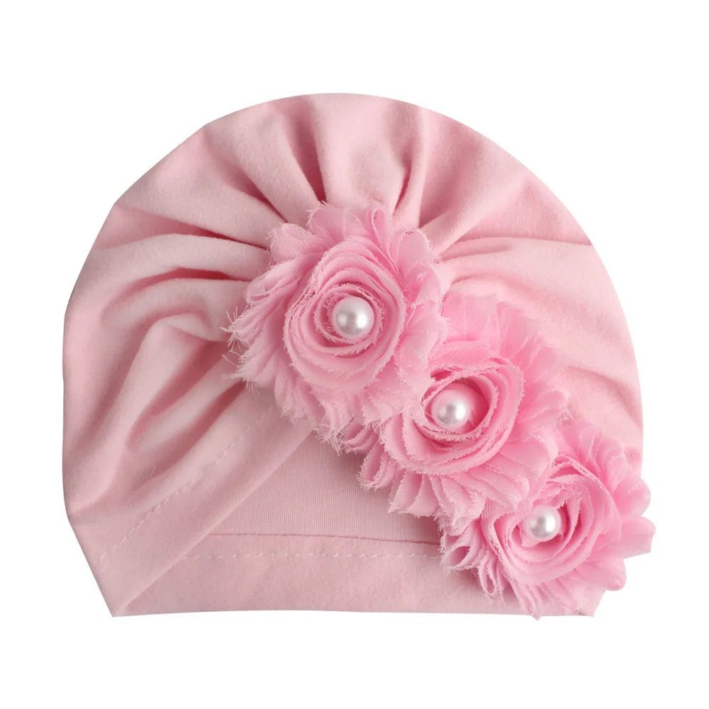 Cute Infant Newborn Caps with Pearl Chiffon Flowers Cotton Blend Kont Turban Girls Stretchy Beanie Hat Baby Hair Accessories