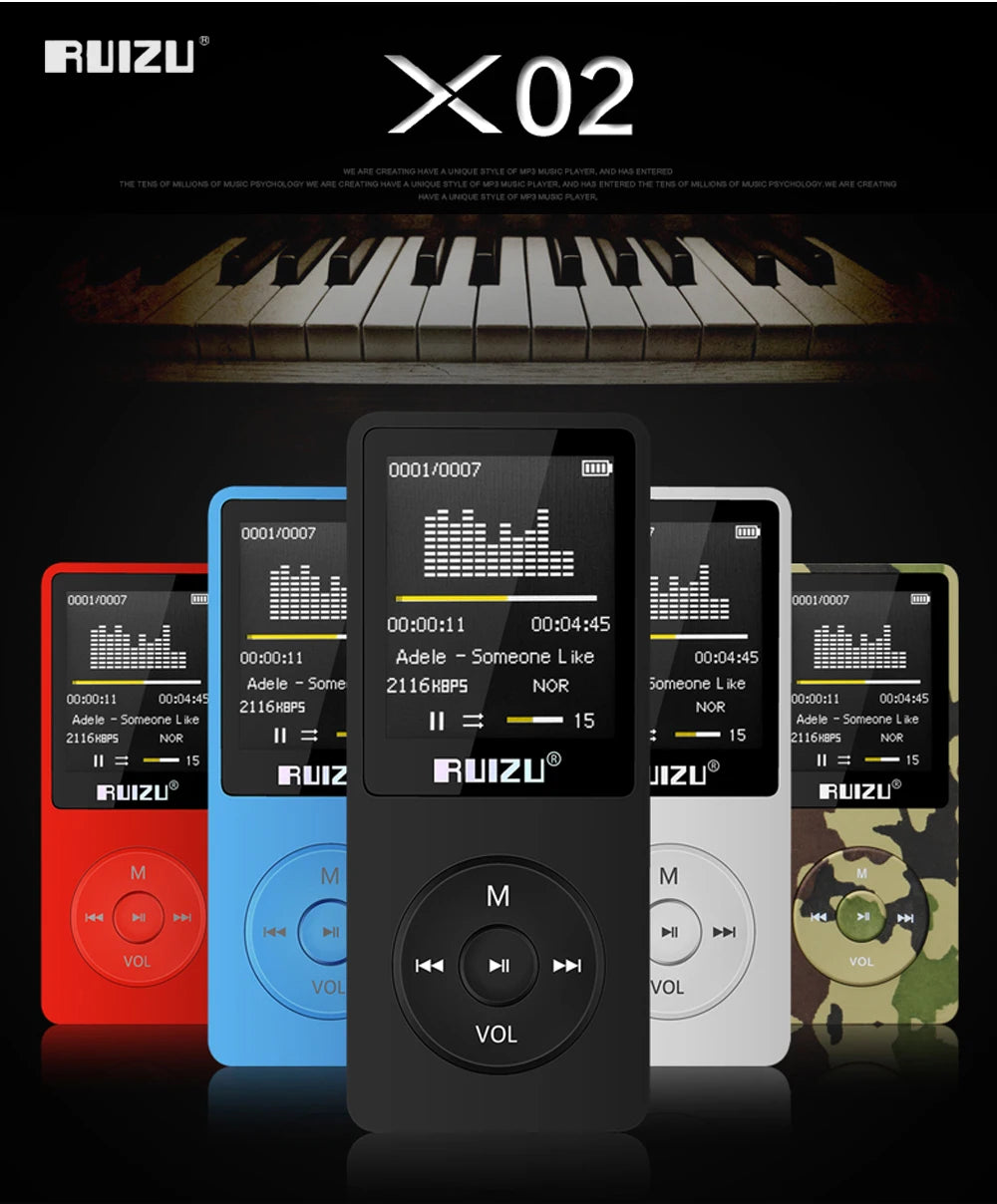 100% Original RUIZU X02  MP3 Player  With 1.8 Inch Screen Can Play 100 hours, 8gb With FM,E-Book,Clock,Data music player