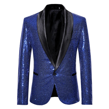 Black Sequin One Button Shawl Collar Suit Jacket Men Bling Glitter Nightclub Prom DJ Blazer Jacket Men Stage Clothes for Singers