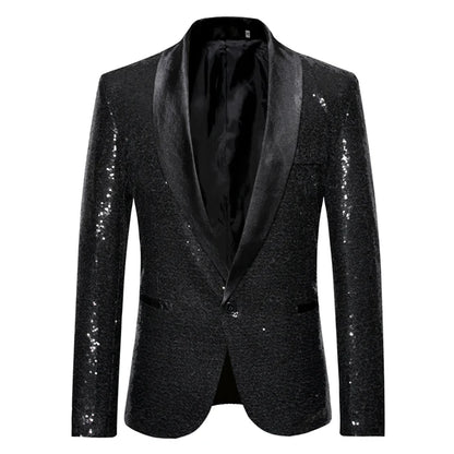 Shiny Purple Sequin Glitter Embellished Tuxedo Suit Jacket Men One Button Shawl Collar Night Club Stage Wedding Costume Homme